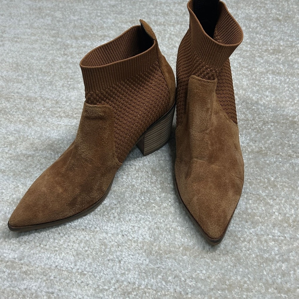 Cole Haan Grand.OS Brown Suede Knit Pointed Toe Block Heel Ankle Boots W15672 8B